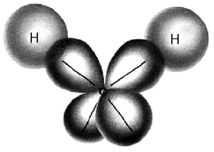 Struktur orbital hibrida sp3 pada atom oksigen dalam H2O.